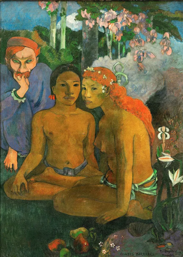 Barbarian_Tales_(1902)-_A_Painting_by_Paul_Gauguin,_Wall_Decor,_Framed_Canvas,_Multicolor