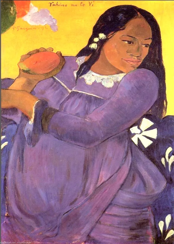 Woman_with_a_Mango_(1892)-_A_Painting_by_Paul_Gauguin,_Wall_Decor,_Framed_Canvas,_Multicolor