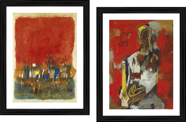 Red_Landscape*_&_*Woman_in_Red*_(1964)-Set_of_2_Paintings_by_M.F._Husain,_Framed,_Wall_Decor,_Multicolor