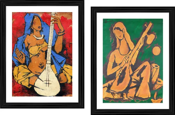 Lady_with_Sitar*_&_*Lady_with_Veena*-Set_of_2_Paintings_by_M.F._Husain,_Framed,_Wall_Decor,_Multicolor