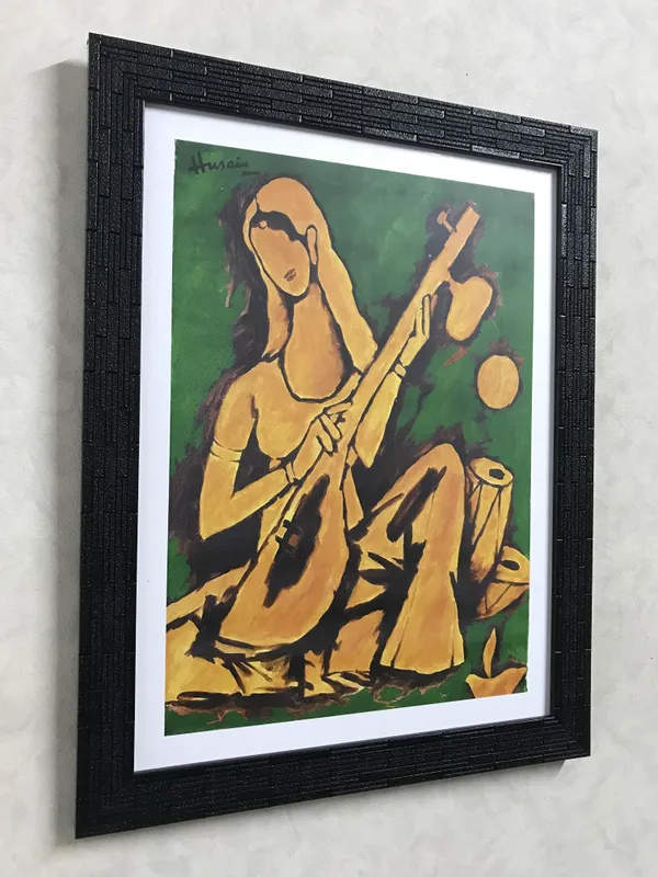 Lady_with_Sitar*_&_*Lady_with_Veena*-Set_of_2_Paintings_by_M.F._Husain,_Framed,_Wall_Decor,_Multicolor
