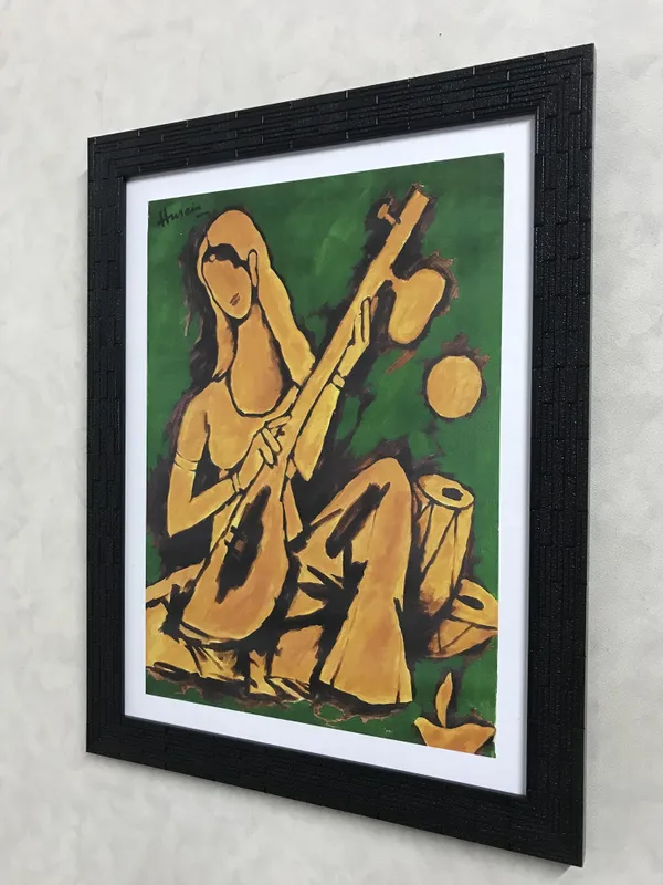 Lady_with_Sitar*_&_*Lady_with_Veena*-Set_of_2_Paintings_by_M.F._Husain,_Framed,_Wall_Decor,_Multicolor