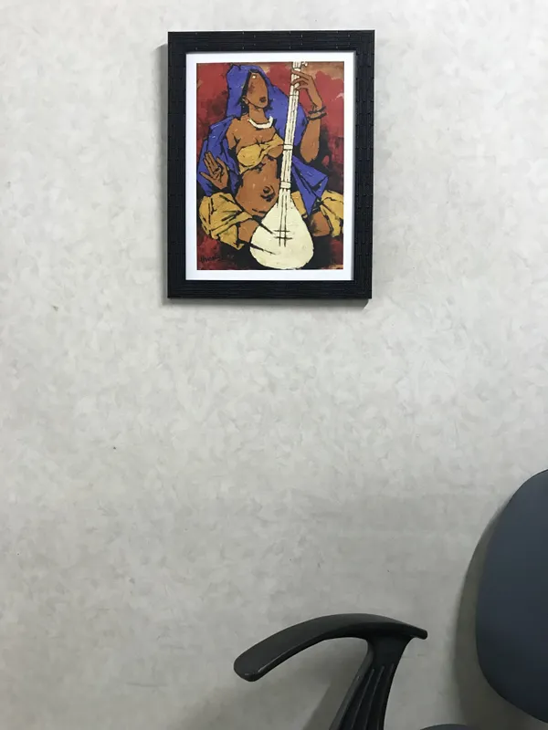 Lady_with_Sitar*_&_*Lady_with_Veena*-Set_of_2_Paintings_by_M.F._Husain,_Framed,_Wall_Decor,_Multicolor