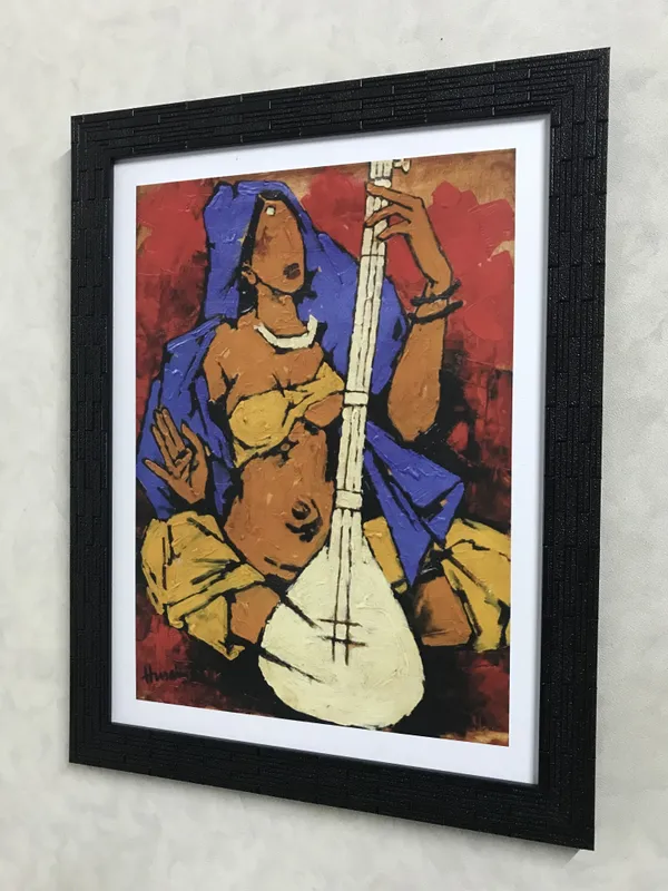 Lady_with_Sitar*_&_*Lady_with_Veena*-Set_of_2_Paintings_by_M.F._Husain,_Framed,_Wall_Decor,_Multicolor