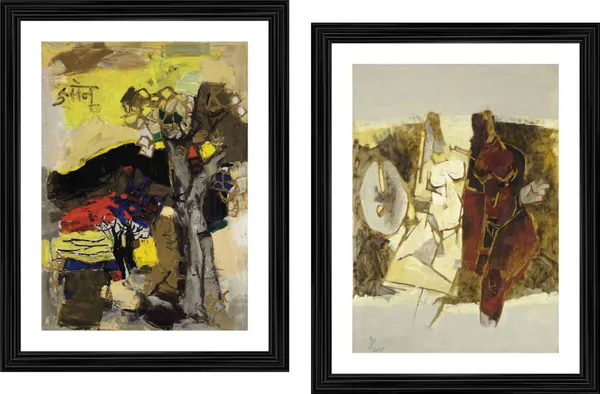 Black_Hill*_(1964)_&_*Kobra*_(1968)-Set_of_2_Paintings_by_M.F._Husain,_Framed,_Wall_Decor,_Multicolor