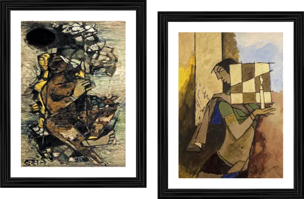 Jhoola*_&_*Lady_with_a_Candle*-Set_of_2_Paintings_by_M.F._Husain,_Framed,_Wall_Decor,_Multicolor