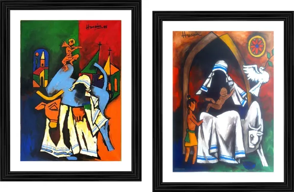 Mother_Teresa-_'A_Religion_of_Sympathy'_(1996)-Set_of_2_Paintings_by_M.F._Husain,_Framed,_Wall_Decor,_Multicolor
