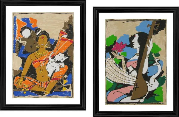 Saraswati_and_Lakshmi-_Set_of_2,_Paintings_by_M.F._Husain,_Framed,_Wall_Decor,_Multicolor