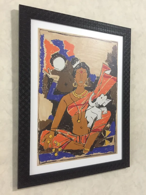 Saraswati_and_Lakshmi-_Set_of_2,_Paintings_by_M.F._Husain,_Framed,_Wall_Decor,_Multicolor