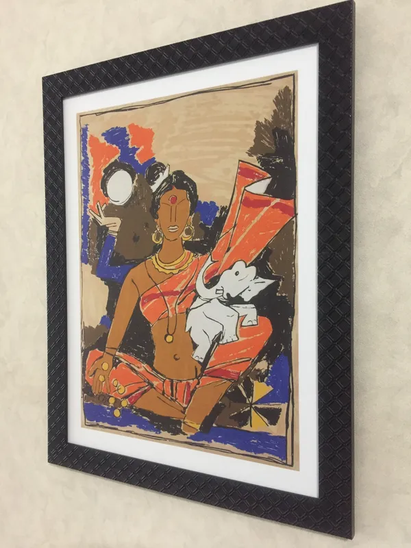 Saraswati_and_Lakshmi-_Set_of_2,_Paintings_by_M.F._Husain,_Framed,_Wall_Decor,_Multicolor
