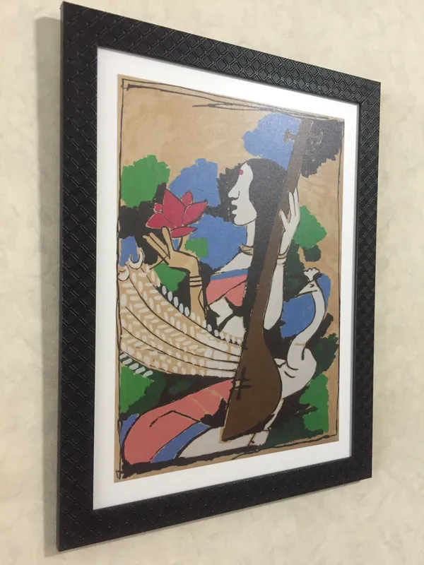 Saraswati_and_Lakshmi-_Set_of_2,_Paintings_by_M.F._Husain,_Framed,_Wall_Decor,_Multicolor