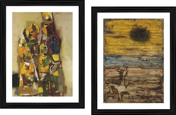 The_Lost_Princess*_(1964)_&_*Wasteland*_(1963)-Set_of_2_Paintings_by_M.F._Husain,_Framed,_Wall_Decor,_Multicolor