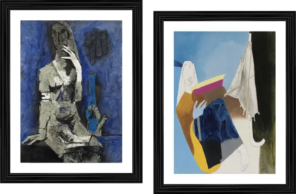 Virgin_Night*_&_*Portrait_of_an_Umbrella*_(1980)-Set_of_2_Paintings_by_M.F._Husain,_Framed,_Wall_Decor,_Multicolor