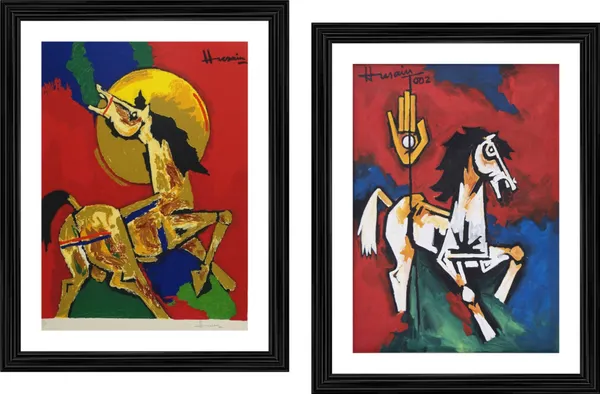 The_Horse*_(2002)-Set_of_2_Paintings_by_M.F._Husain,_Framed,_Wall_Decor,_Multicolor