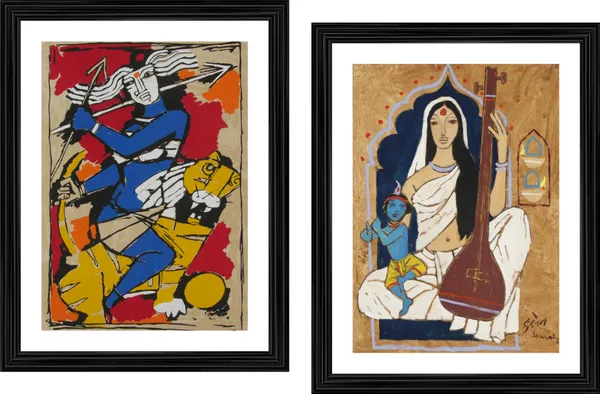 Goddess_Durga*_&_*Meerabai_and_Krishna*-Set_of_2_Paintings_by_M.F._Husain,_Framed,_Wall_Decor,_Multicolor