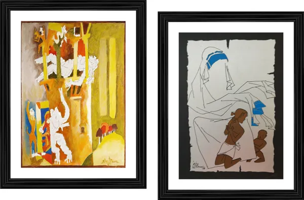 Living_Goddess*_(1960)_&_*Mother_Teresa*-Set_of_2_Paintings_by_M.F._Husain,_Framed,_Wall_Decor,_Multicolor