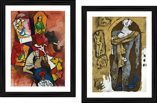 Royal_Procession*_&_*Gautam_Buddha*-Set_of_2_Paintings_by_M.F._Husain,_Framed,_Wall_Decor,_Multicolor