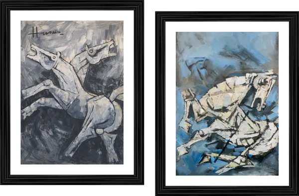 Horse*_&_*Horse's_Pain*-Set_of_2_Paintings_by_M.F._Husain,_Framed,_Wall_Decor,_Multicolor