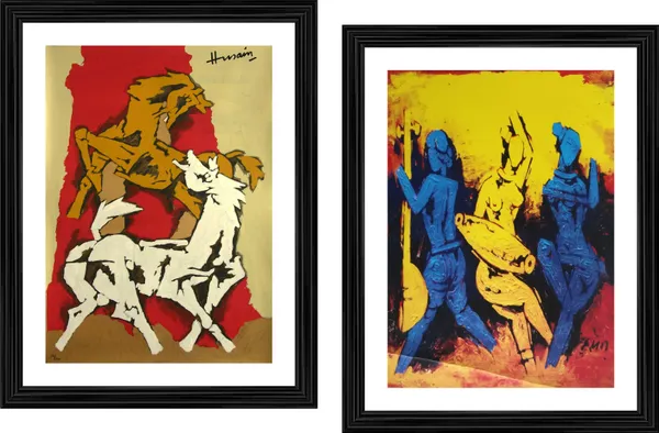 Horse's_Love*_&_*Dancers*-Set_of_2_Paintings_by_M.F._Husain,_Framed,_Wall_Decor,_Multicolor