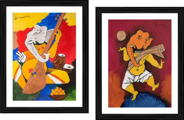 Ganesh_and_Veena*_&_*Ganesh_and_the_Moon*-Set_of_2_Paintings_by_M.F._Husain,_Framed,_Wall_Decor,_Multicolor