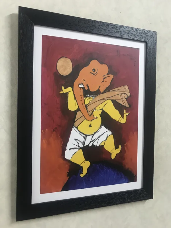 Ganesh_and_Veena*_&_*Ganesh_and_the_Moon*-Set_of_2_Paintings_by_M.F._Husain,_Framed,_Wall_Decor,_Multicolor
