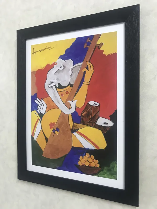 Ganesh_and_Veena*_&_*Ganesh_and_the_Moon*-Set_of_2_Paintings_by_M.F._Husain,_Framed,_Wall_Decor,_Multicolor