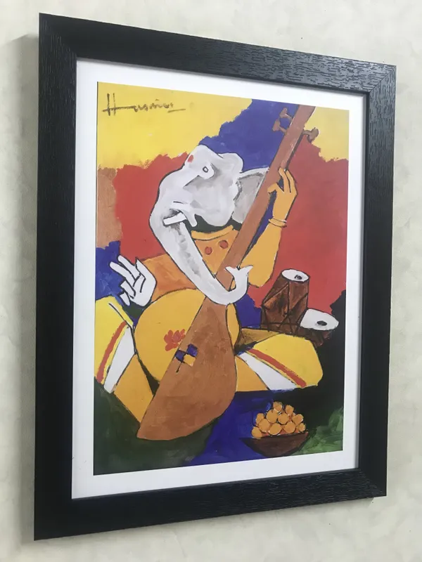 Ganesh_and_Veena*_&_*Ganesh_and_the_Moon*-Set_of_2_Paintings_by_M.F._Husain,_Framed,_Wall_Decor,_Multicolor