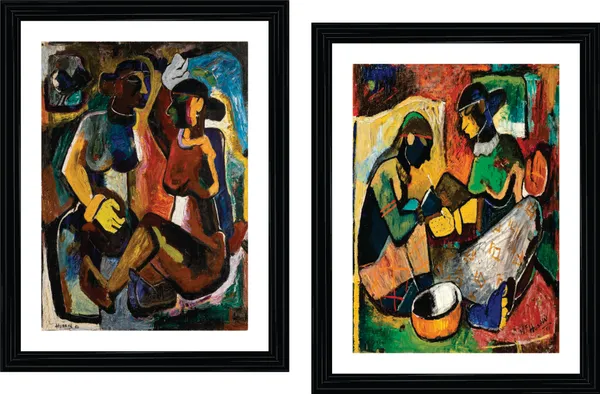Maharashtriy_Women_(1950)_&_Mehendi_(1951)-_Set_of_2_Paintings_by_M.F._Husain,_Framed,_Wall_Decor,_Multicolor