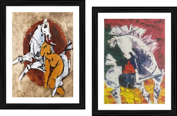 A_Queen's_Horse*_&_*Luv,_Kush_and_the_Horse*-Set_of_2_Paintings_by_M.F._Husain,_Framed,_Wall_Decor,_Multicolor