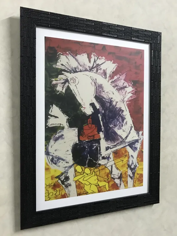 A_Queen's_Horse*_&_*Luv,_Kush_and_the_Horse*-Set_of_2_Paintings_by_M.F._Husain,_Framed,_Wall_Decor,_Multicolor