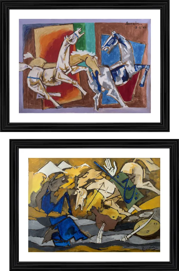 Horses_and_Battles*-Set_of_2_Paintings_by_M.F._Husain,_Framed,_Wall_Decor,_Multicolor