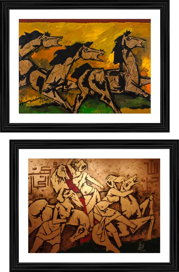 Three_Horses*-_Set_of_2_Paintings_by_M.F._Husain,_Framed,_Wall_Decor,_Multicolor
