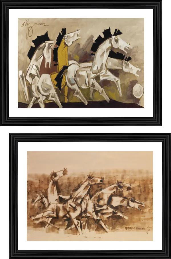 Four_Horses*_-Set_of_2_Paintings_by_M.F._Husain,_Framed,_Wall_Decor,_Multicolor