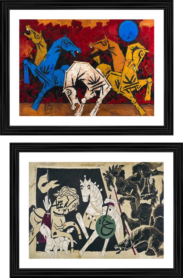 Five_Horses*-Set_of_2_Paintings_by_M.F._Husain,_Framed,_Wall_Decor,_Multicolor