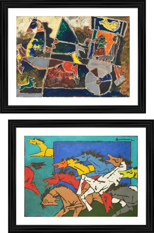 Horses_and_the_Chariot*-Set_of_2_Paintings_by_M.F._Husain,_Framed,_Wall_Decor,_Multicolor