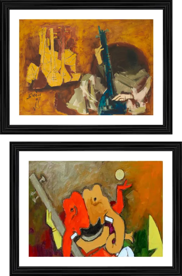 Veena_Players*-Set_of_2_Paintings_by_M.F._Husain,_Framed,_Wall_Decor,_Multicolor