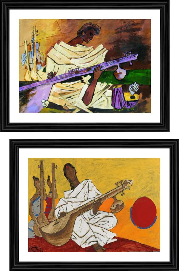 Sitar_Players*-Set_of_2_Paintings_by_M.F._Husain,_Framed,_Wall_Decor,_Multicolor
