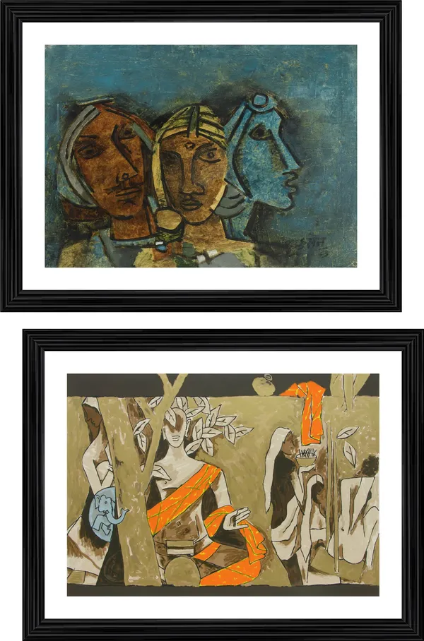 Three_Ladies*_(1963)_&_Buddha-Set_of_2_Paintings_by_M.F._Husain,_Framed,_Wall_Decor,_Multicolor