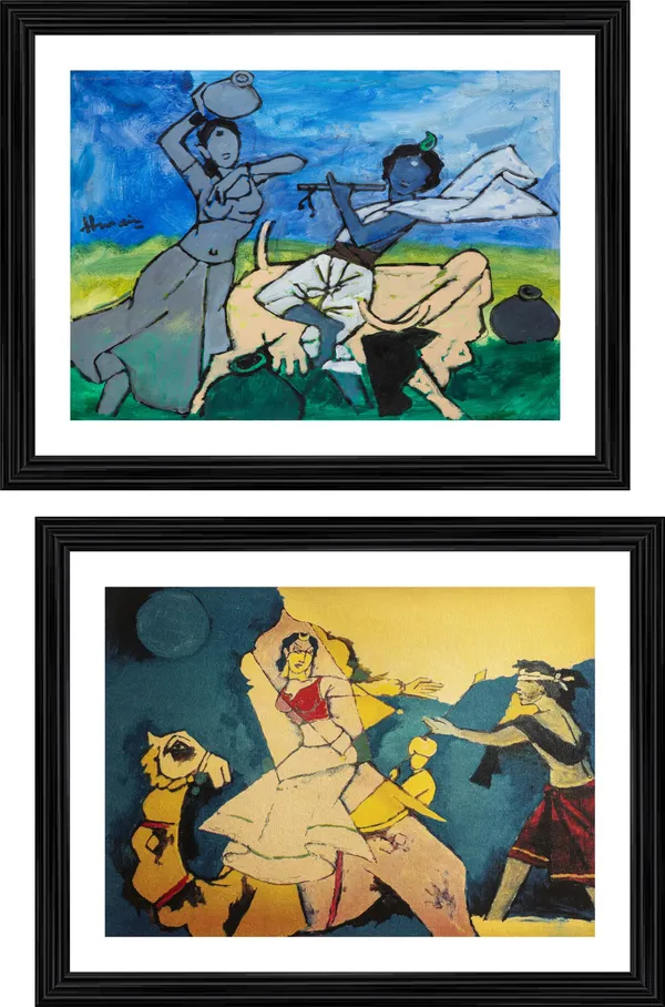Radha-Krishna*_&_*Laila-Majnu_and_Camel*-Set_of_2_Paintings_by_M.F._Husain,_Framed,_Wall_Decor,_Multicolor