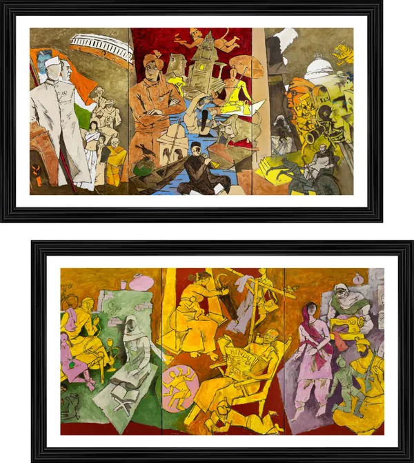 Tale_of_3_Cities*_&_*Modern_India*-_India_Series_Paintings_by_M.F._Husain,_Set_of_2,_Framed,_Wall_Decor,_Multicolor
