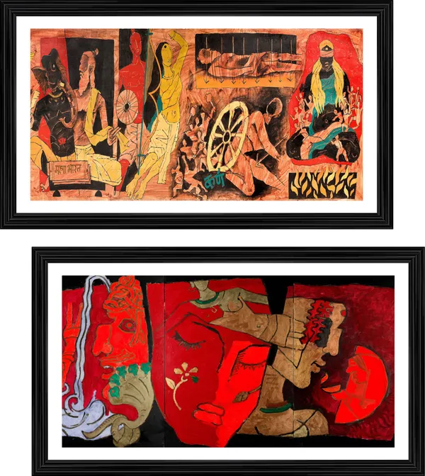 Mahabharat*_&_*Women*-_India_Series_Paintings_by_M.F._Husain,_Set_of_2,_Framed,_Wall_Decor,_Multicolor
