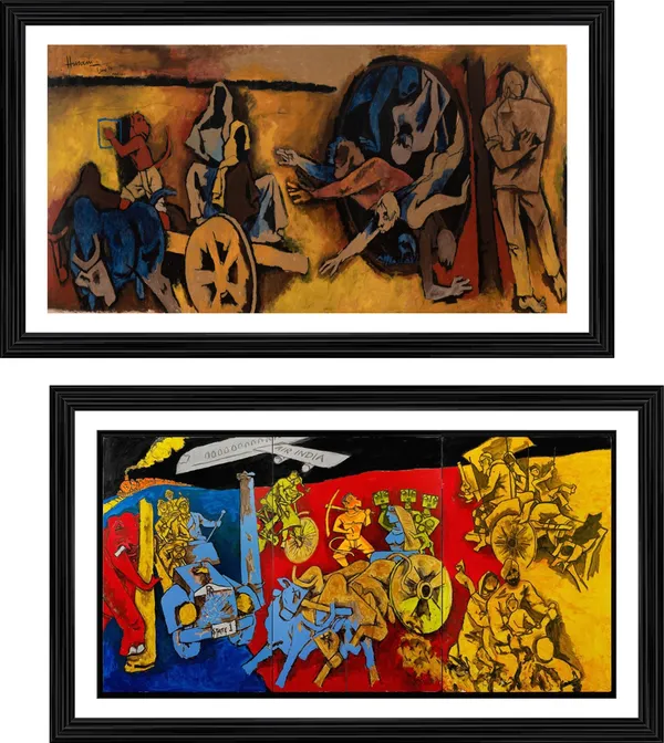 Beyond_Theory*_&_*Transport_Modes*-_India_Series_Paintings_by_M.F._Husain,_Set_of_2,_Framed,_Wall_Decor,_Multicolor