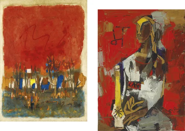 Red_Landscape*_&_*Woman_in_Red*_(1964)-Set_of_2_Paintings_by_M.F._Husain,_Framed_Canvas,_Wall_Decor,_Multicolor
