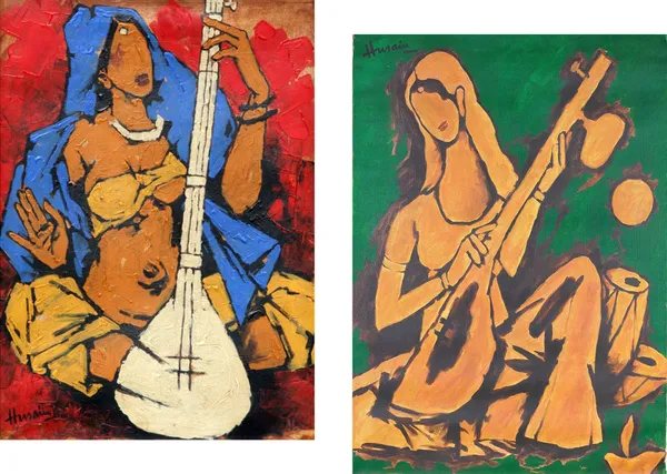 Lady_with_Sitar*_&_*Lady_with_Veena*-Set_of_2_Paintings_by_M.F._Husain,_Framed_Canvas,_Wall_Decor,_Multicolor