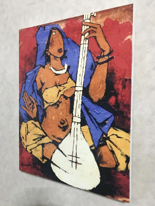 Lady_with_Sitar*_&_*Lady_with_Veena*-Set_of_2_Paintings_by_M.F._Husain,_Framed_Canvas,_Wall_Decor,_Multicolor