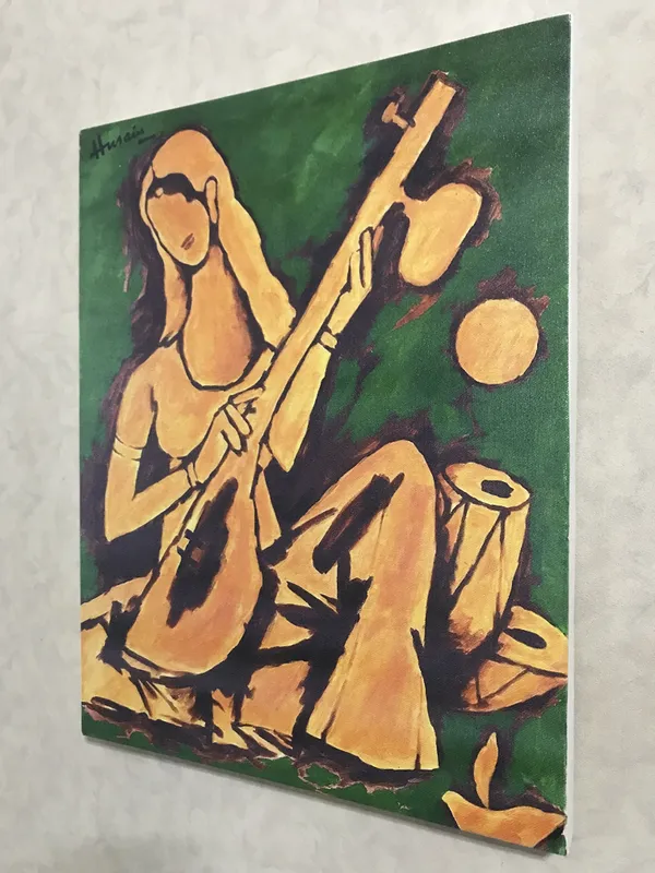 Lady_with_Sitar*_&_*Lady_with_Veena*-Set_of_2_Paintings_by_M.F._Husain,_Framed_Canvas,_Wall_Decor,_Multicolor