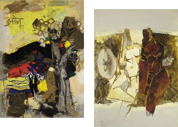 Black_Hill*_(1964)_&_*Kobra*_(1968)-Set_of_2_Paintings_by_M.F._Husain,_Framed_Canvas,_Wall_Decor,_Multicolor