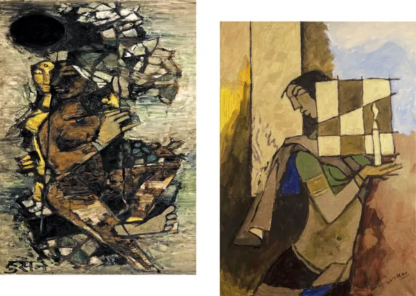 Jhoola*_&_*Lady_with_a_Candle*-Set_of_2_Paintings_by_M.F._Husain,_Framed_Canvas,_Wall_Decor,_Multicolor