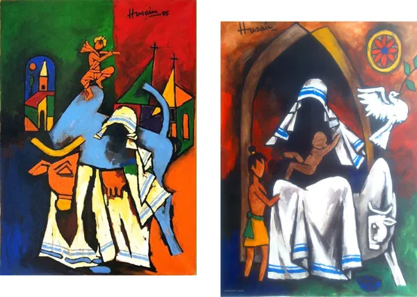 Mother_Teresa-_'A_Religion_of_Sympathy'*_(1996)-Set_of_2_Paintings_by_M.F._Husain,_Framed_Canvas,_Wall_Decor,_Multicolor