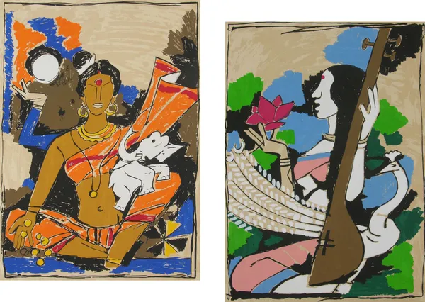 Saraswati_and_Lakshmi-_Set_of_2,_Paintings_by_M.F._Husain,_Framed_Canvas,_Wall_Decor,_Multicolor